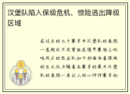汉堡队陷入保级危机，惊险逃出降级区域